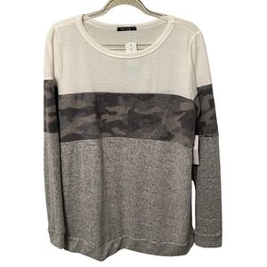 Pink Clover Women Camo Colorblock Long Sleeve Top White Grey New With Tags Large